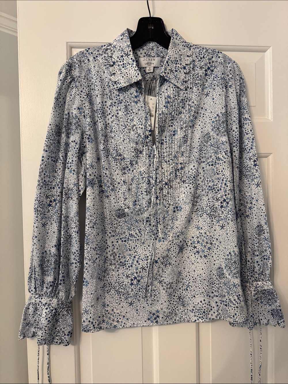 NWT J.Crew White and Blue Floral Liberty print Pintuck Long-Sleeve Blouse